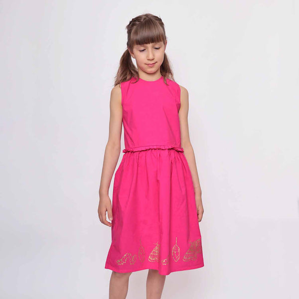 Pink Flower Girl Dress with Golden Hand Block Print