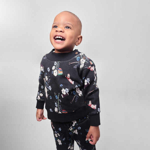 Schwarzes Jersey-Baby-Sweatshirt mit Blumendruck