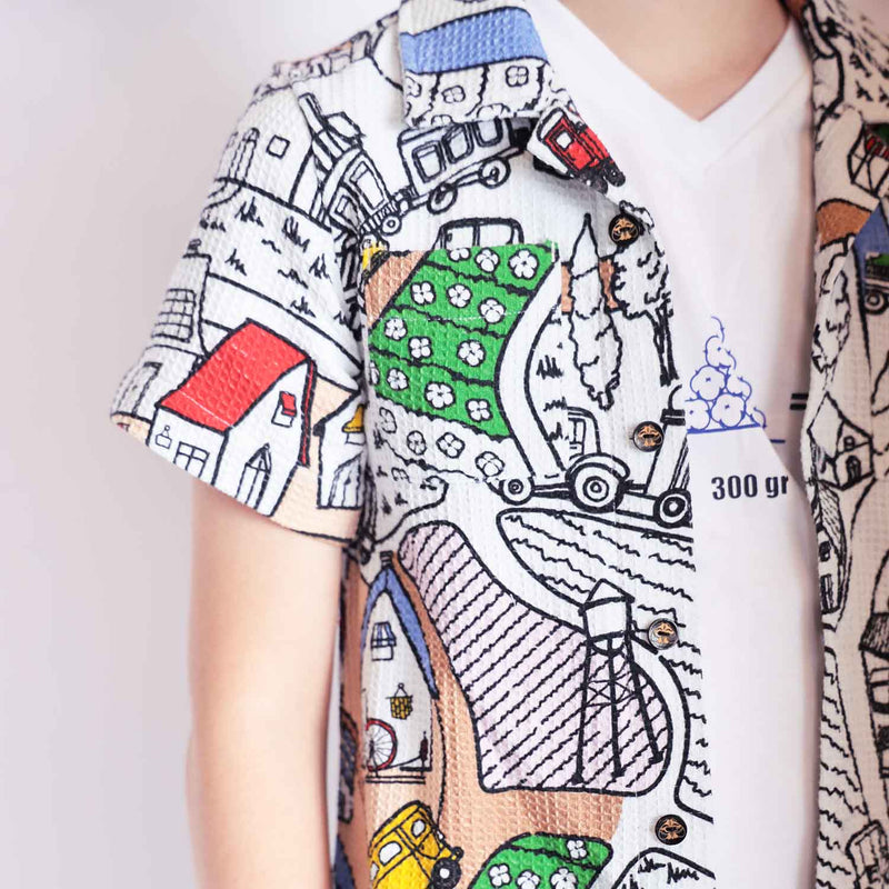 Village Print Boys and Girls Button Up Shirt