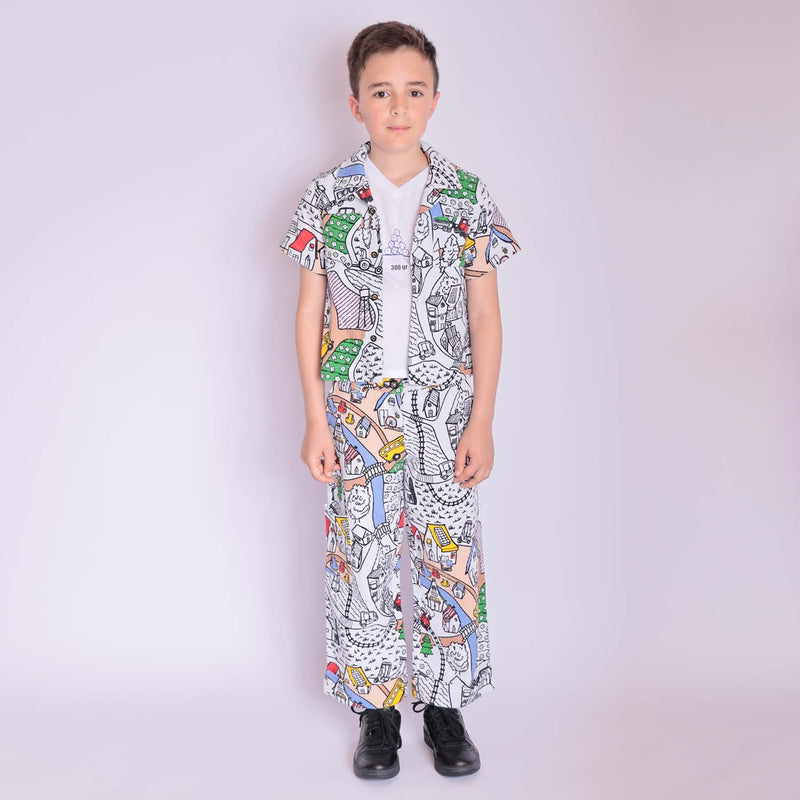 Village Print Boys and Girls Button Up Shirt