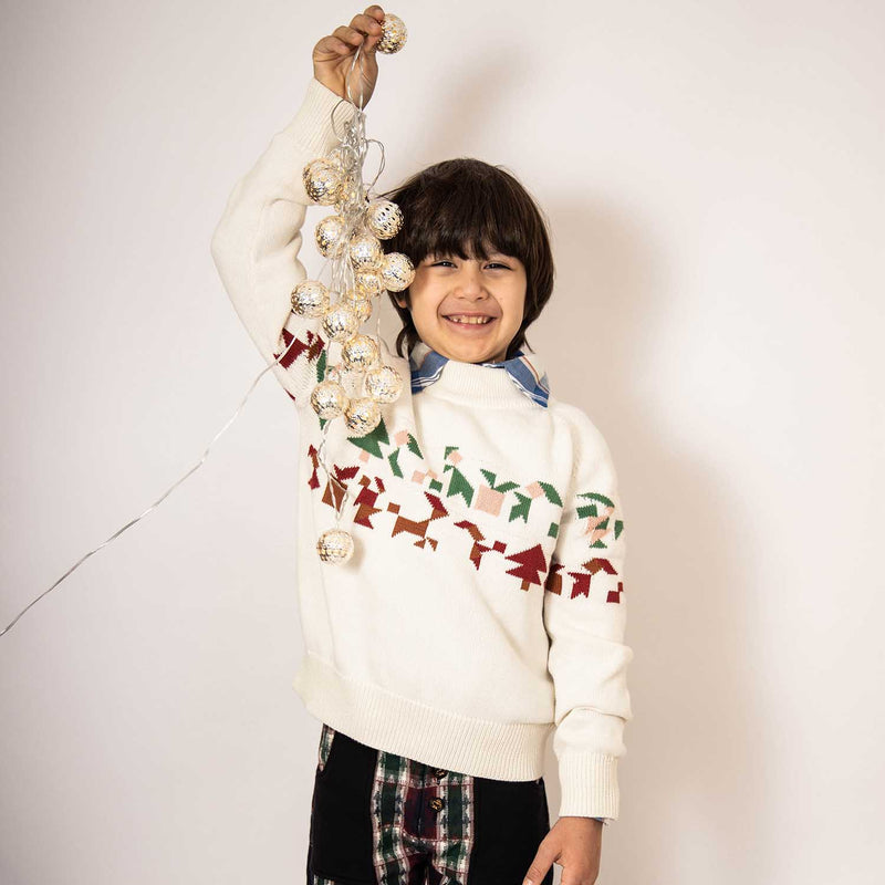 Weißer Weihnachtspullover für Kinder mit Geschenkmotiv