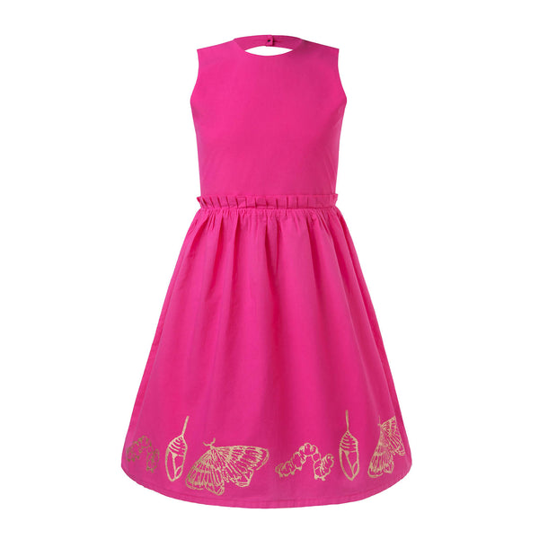 Pink Flower Girl Dress with Golden Hand Block Print