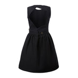 Girls' Black Dress with Cutout Back and Hemp Sash