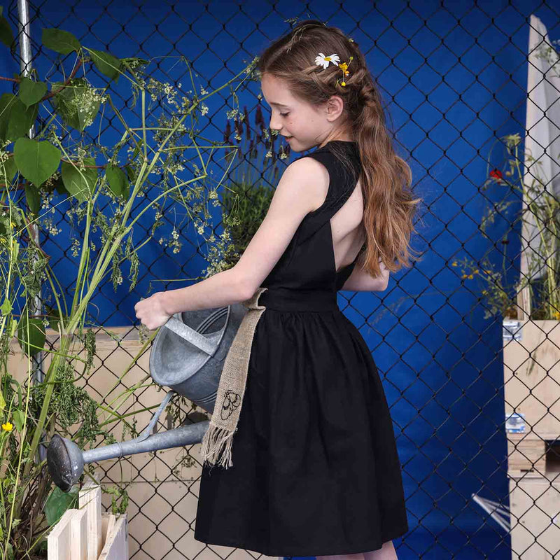 Girls' Black Dress with Cutout Back and Hemp Sash