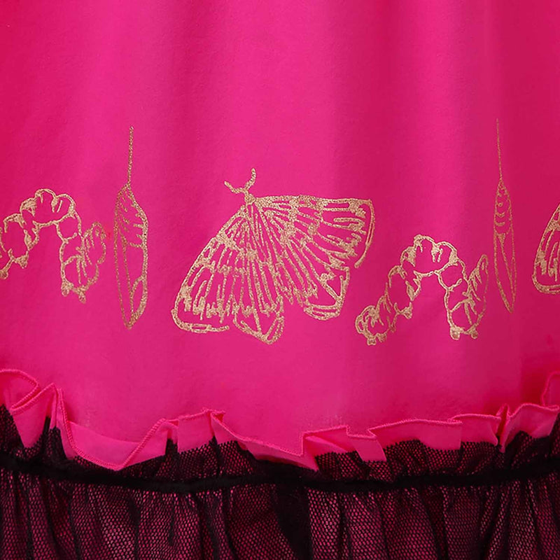 Girls Ball Gown in Pink with Golden Hand Block Print